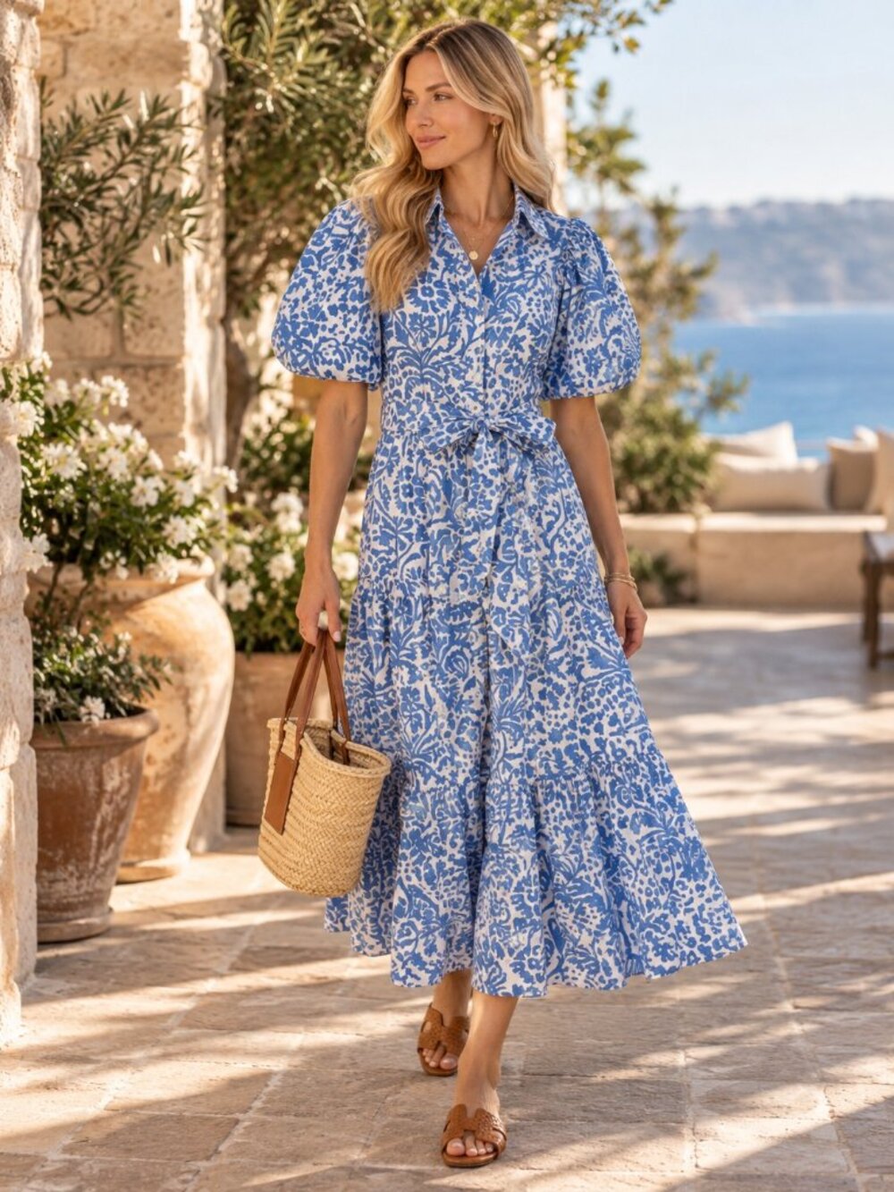 Guadalupe Blue White Block Print Cotton Puff Sleeve Midi Dress Small